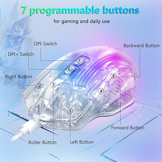 Redragon Wired Gaming Mouse, 24,000 DPI, 7 Programmable Button, 2 Side Buttons, 8 RGB LED Backlit Mode, Clear Transparent Shell, Light up Gamer Mice, Soft Cable for PC/Mac/Xbox, White