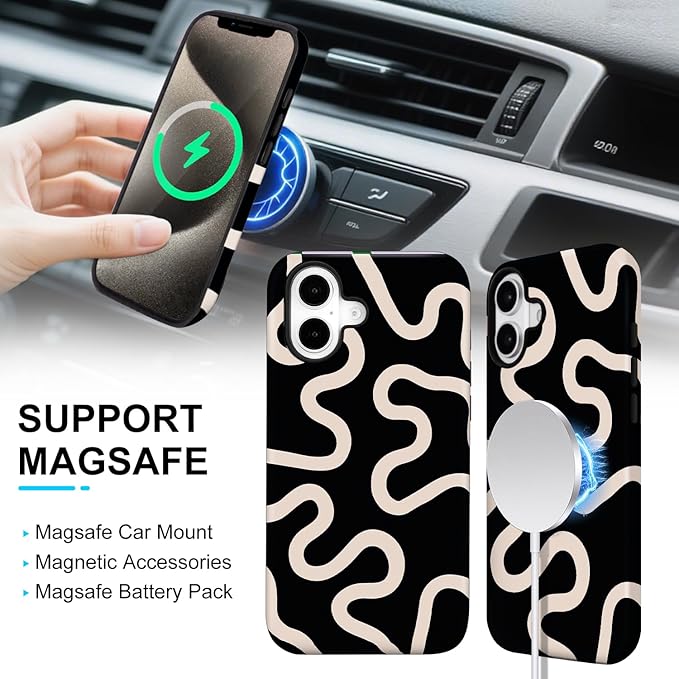 Magnetic for iPhone 17 Case Cute Curved Stripes Phone Case, Shockproof Slim TPU and Hard PC Protective Phone Cover Compatible with MagSafe Designed for Women Girls,Black