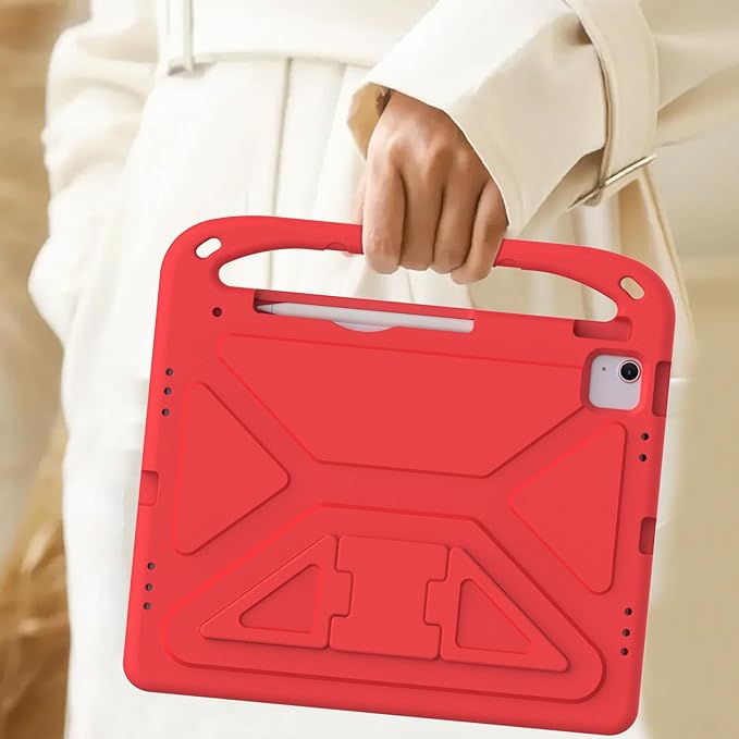 Kids Case for Apple iPad Air 13 inch Tablet M4/M3/M2 (2026/2025/2024) with Pencil Holder, Anti-Slip Handle Slim Lightweight Stand Shockproof Soft EVA Protective Silicone Bumper Cover, Red