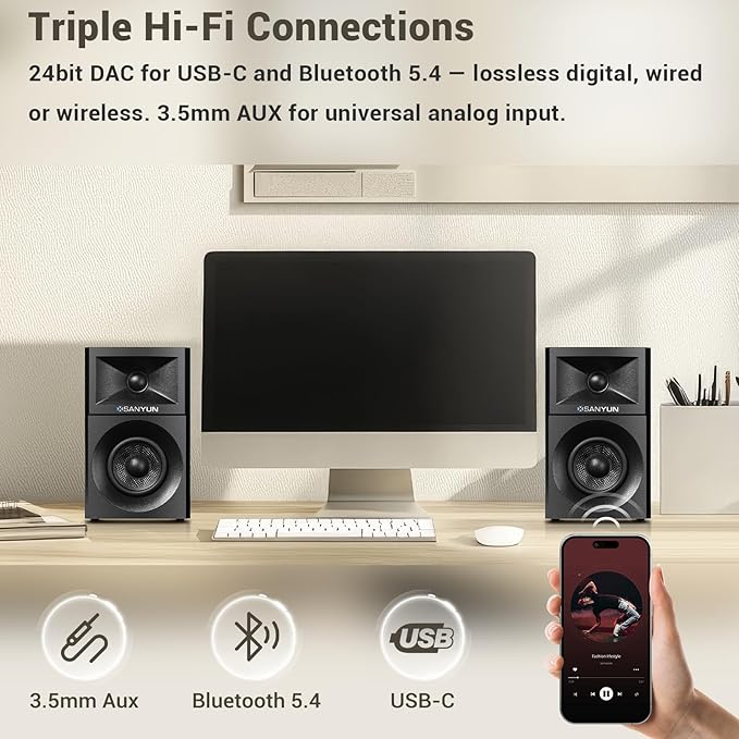Sanyun SW203 2.0 Desktop Computer Speakers - Near-Field 3D Stereo with Vertical Imaging - 60W Triple-DSP Dual Independent Drive - 24bit USB-C DAC Bluetooth 5.4 AUX, HiFi PC Gaming (Pair, Cherry)