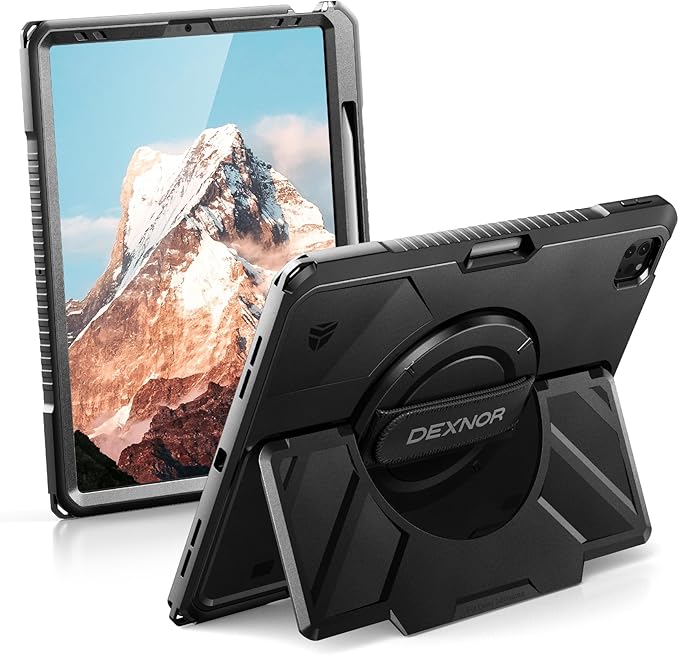 Dexnor Case for iPad Pro 12.9 inch 6th/5th/4th/3rd Gen (2022/2021/2020/2018),Rugged Protective Case with 360° Rotating Hand Strap & Stand & Screen Protector & Pencil Holder Shockproof Cover,Black