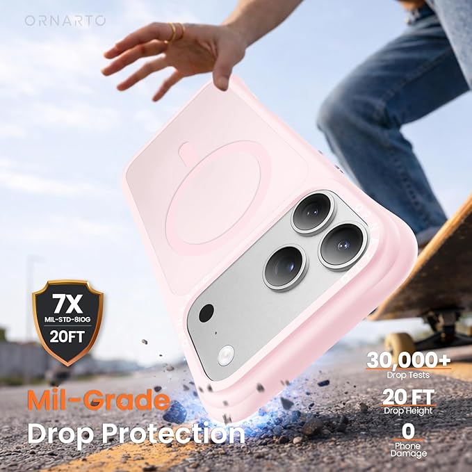 ORNARTO Magnetic for iPhone 17 Pro Max Case, 20FT Military-Grade Drop Protection, Compatible with MagSafe, Slim Shockproof Translucent Matte Phone Case for iPhone 17 Pro Max 6.9", Chalk Pink