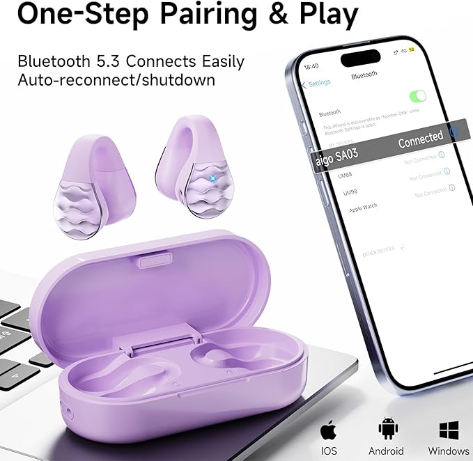 aigo Open Ear Earbuds, Wireless Bluetooth Earphone, Clip on Headphones, Over The Ear Earbuds for Fitness Running Gym Workouts, Built-in Mic, Wireless Charging, Purple Headset