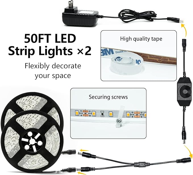 LED Strip Lights 100ft Dimmable 3000K Bright Warm White Strip Lighting, 30M 1800 LEDs 2835 Flexible Ribbon Light 12V LEDs Tape LED Lights for Bedroom Kitchen Home Decoration