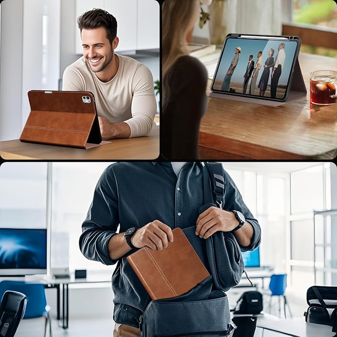 Gexmil Genuine Leather Case for iPad Pro 11 Inch (M5/M4) 2025/2024 with Pencil Holder,Protective Shockproof Leather Smart Folio Cover Adjustable Stand Auto Sleep/Wake Anti-Slip,Vegetable Tanned Brown