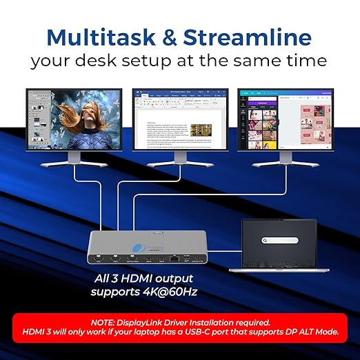 OREI DisplayLink Docking Station 3 Monitors – 3X 4K@60Hz HDMI – 6X USB (4X USB 3.0), Gigabit Ethernet, 100W PD, AUX – Triple Monitor Docking Station with Win & Mac Support