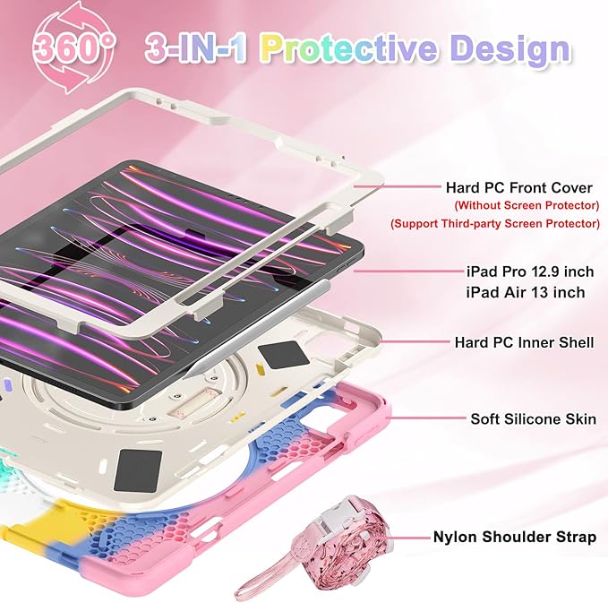 BRAECNstock Kids Case for Apple iPad Air 13 inch (M4/M3/M2)/ iPad Pro 12.9 inch 6th/5th/4th/3rd Gen, Shockproof Protective Case with Pencil Holder, 360° Rotating Hand Strap + Stand, Colorful Pink