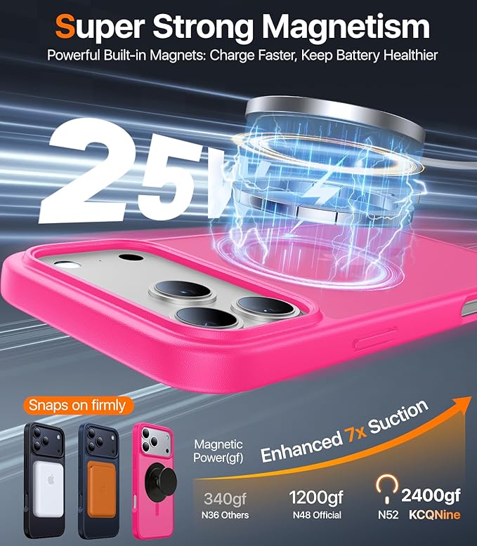 Magnetic for iPhone 17 Pro Max Case,[Anti-Slip][Compatible with MagSafe][Military Grade Drop Protection] Shockproof Protective Translucent Phone Case for iPhone 17 Pro Max Case,Hot Pink