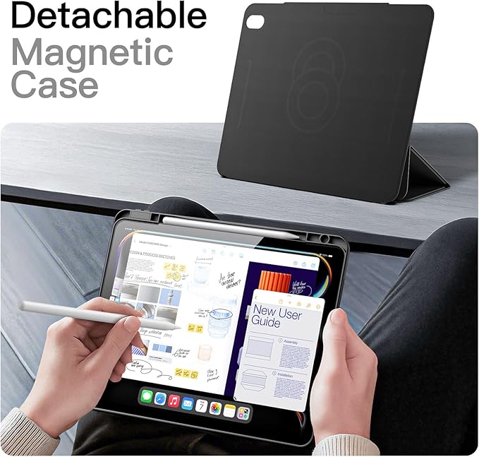 JETech Magnetic Detachable Case for iPad Air 13-Inch M4/M3/M2 (2026/2025/2024) with Pencil Holder, Removable Rotating Clear Cover, Portrait/Landscape Stand with Raised Screen View (Black)