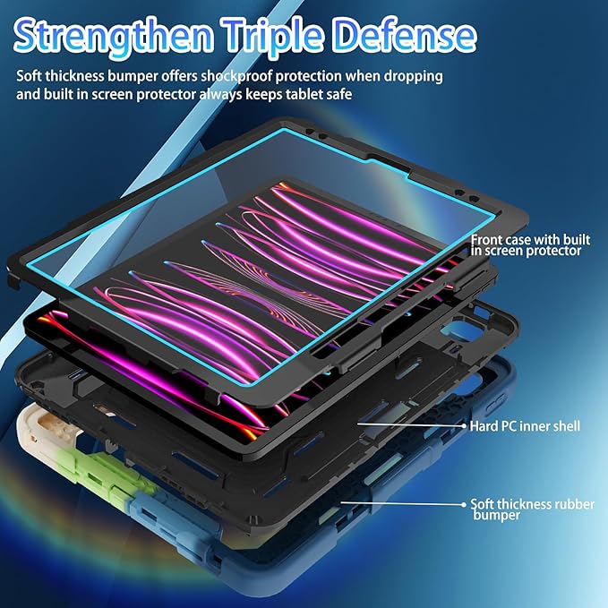 ROISKIN for iPad Pro 12.9 -Inch Case (6th, 5th, 4th & 3rd Gen) with HD Screen Protector, 360 Stand, Hand Strap, Pencil Holder,Shoulder Strap,Rugged Bulky Full Body 12.9 iPad Pro Case