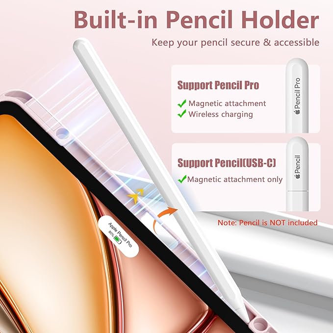 Wenlaty for iPad Air 13 Inch Case M4/M3/M2 (2026/2025/2024) with Pencil Holder, Slim Trifold Stand Protective Cover for iPad Air 13 Case with Clear Transparent Back, Auto Wake/Sleep -Pink