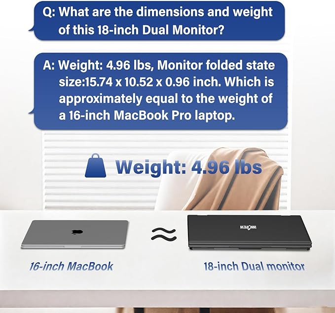 InnoView Dual Portable Monitor 18" 2560x1600P 100Hz 2K 100% DCI-P3 - Foldable & Stackable Design with 315° Screen Adjustment & 180° Stand | DP/USB-C/HDMI, Second Monitor for Laptop, Mac, Windows
