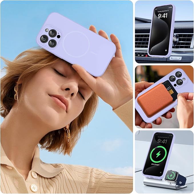 Miracase Magnetic for iPhone 15 Pro Case, [Soft Anti-Scratch Microfiber Lining], Magnetic for MagSafe, Liquid Silicone Shockproof Drop Protection Phone Case for 15 Pro, Light Purple