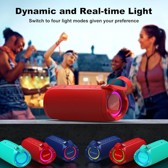 Bobtot Portable Bluetooth Speaker, IPX6 Waterproof Speaker with Punchy Bass, 15W Loud Sound, RGB, 15H Playtime, Dual Pairing for Party, Camping, Beach, Red