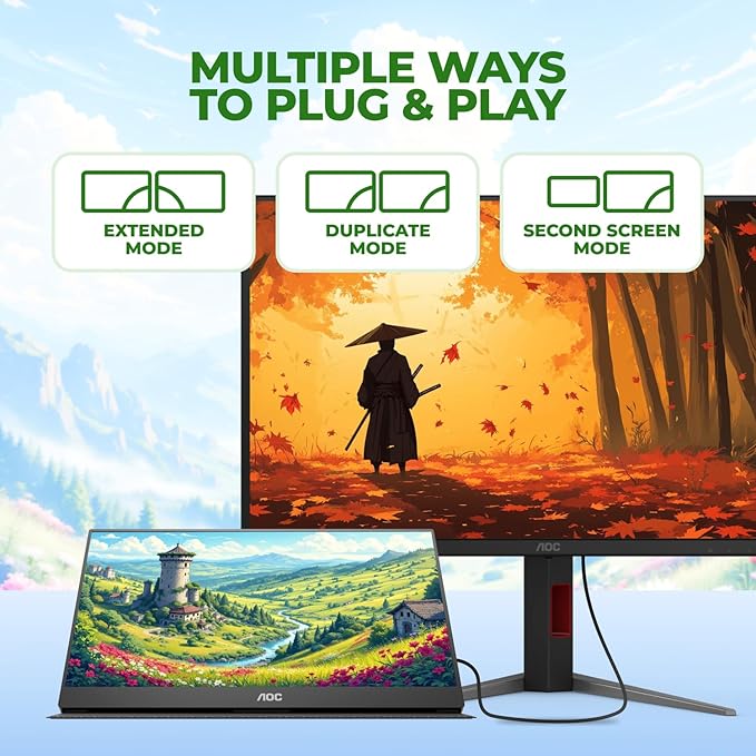 AOC 16T20 Portable Monitor 15.6" FHD 1080p IPS Display, USB-C x2, Mini HDMI, Built-in Speakers, Travel Monitor with Smart Cover, Compatible with Laptops, MacBook, Gaming Console Ready