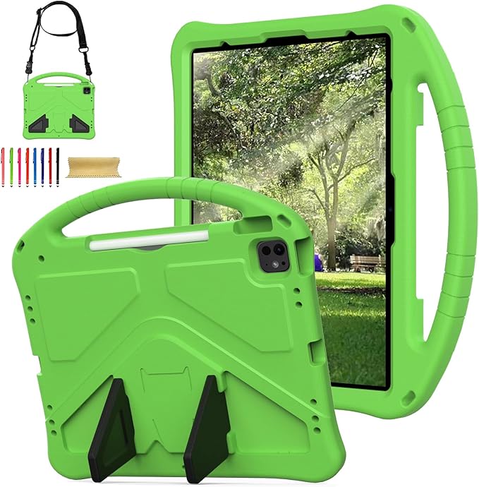 Kids Friendly Case for Apple iPad Air 11 M4 M3 M2 2026 2025 2024/ iPad Pro 11 M5 M4 2025 2024, EVA Durable Shockproof Handle Kickstand Lightweight Cover Case with Shoulder Strap, Green