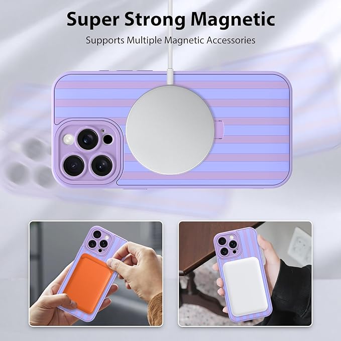 KANGHAR Compatible with iPhone 15 Pro Case, Support for MagSafe, Silicone Stripes Cute Pattern, Wristband Kickstand Camera Protection Soft Slim Cover for Girls Women -Purple