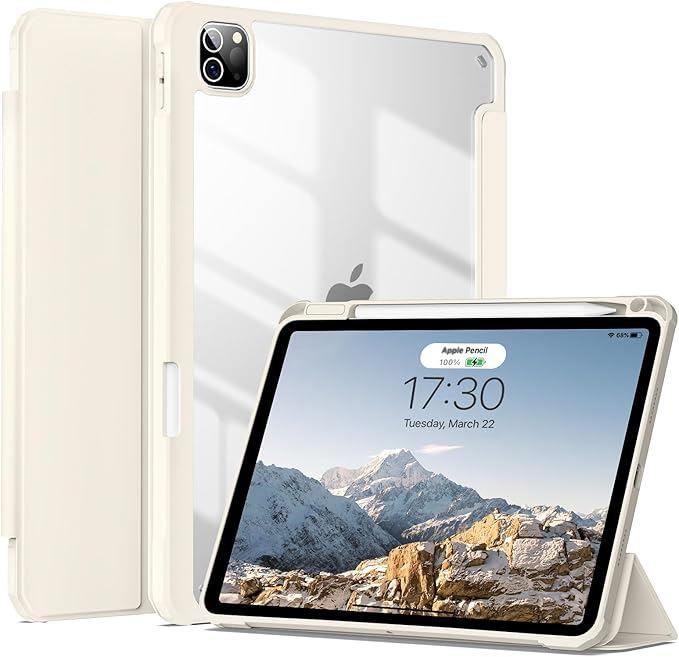 JKSML Case for iPad Pro 11 Inch 4th/3rd/2nd Generation 2022/2021/2020, Transparent Protective Cover with Right Side Pencil Holder, Supports Pencil 2 Charging, Cream White