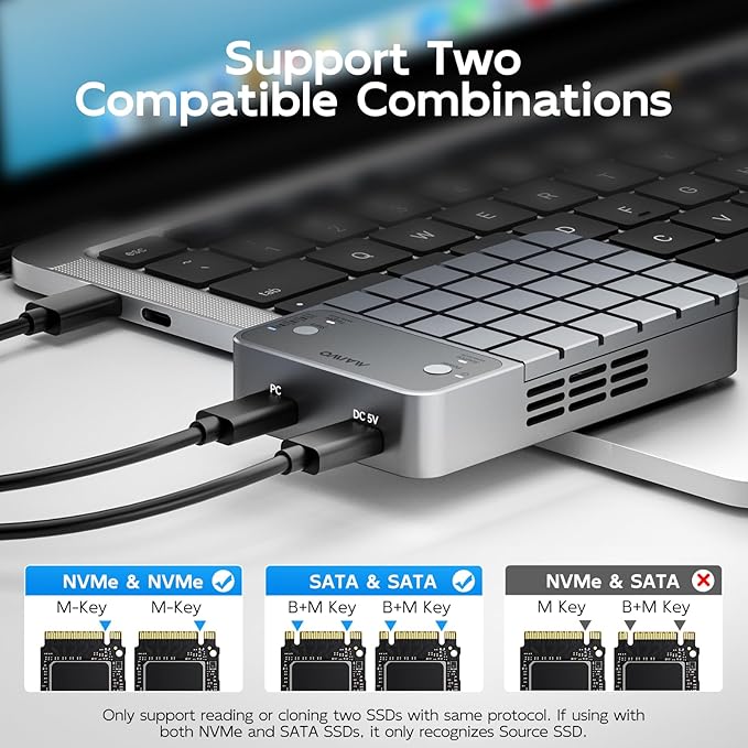 MAIWO Dual Bay RAID Enclosure for M.2 NVMe SATA SSD with Clone RAID 0 RAID 1, USB C 3.2 GEN2x2 20Gbps, M.2 SSD Cloner Duplicator with Cooling Fan, Dual Data Cables, 5V 3A Power Adapter, Aluminum