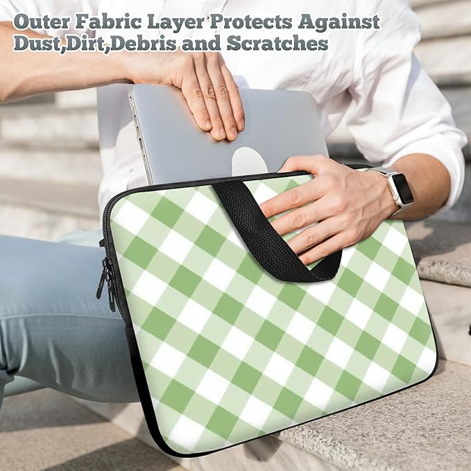 Universal Laptop Sleeve Tablet Case 12 inch, Green and White Checkered Slim Carrying Handbag Travel Laptop Bag for Surface Pro 9 8 7/Laptop Go 2 3, MacBook Air 11/12