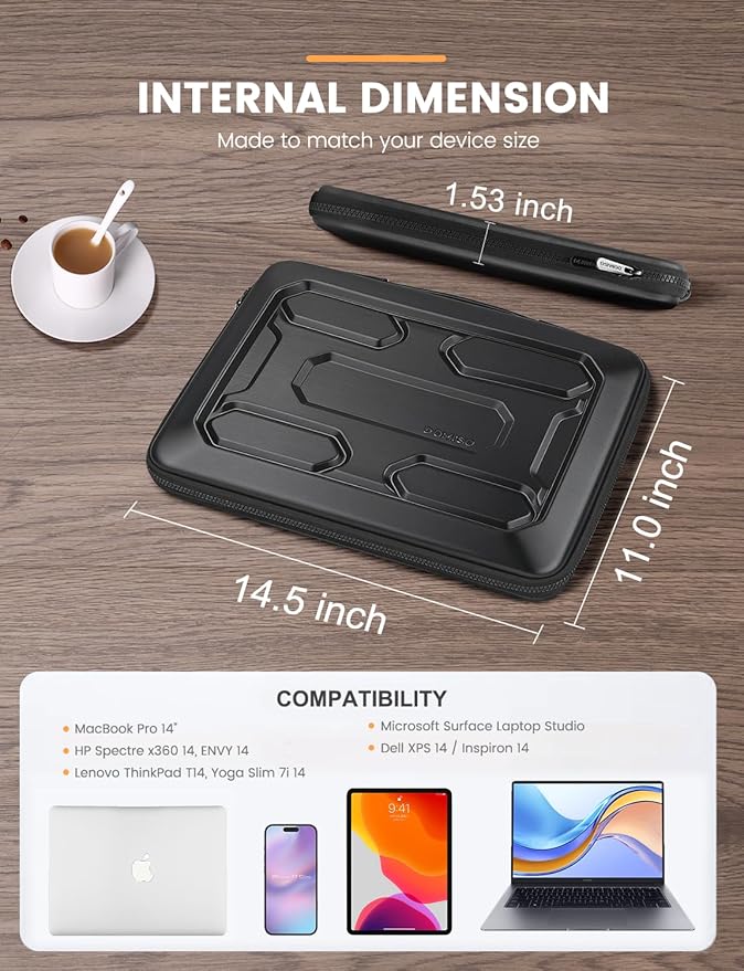 DOMISO 14 inch Laptop Sleeve with Handle Shockproof Computer Bag Waterproof EVA Protective Carrying Case for 14" ThinkPad E480/Yoga 920/13.5" Microsoft Surface Book/HP Pavilion 14 Stream 14, Black