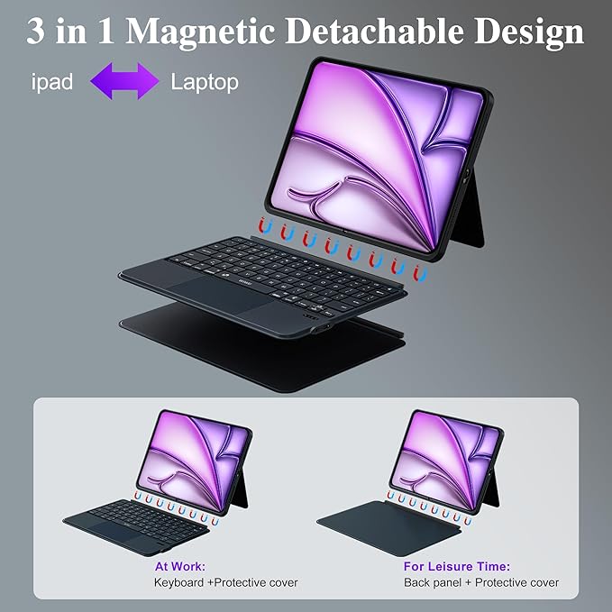 WIWU for iPad Case Keyboard for Air 13 Inch M4/M3/M2 2026/2025/2024 Magnetic Detachable Keyboard Case Adjustable Stand 7 Colours Backlit Keys Trackpad (Black, for Air 13"(M3/M2) Pro 12.9" 6/5/4/3)