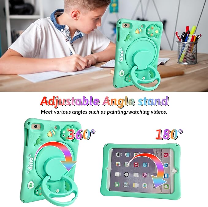 Dteck for iPad 9th/8th/7th Generation Case 10.2",Cute Cartoon Funda 3D Unique Design Light Rotating Handle Stand Shoulder Strap Soft Silicone Drop Rugged Shockproof Protective Kid-Proof Case,Dinosaur