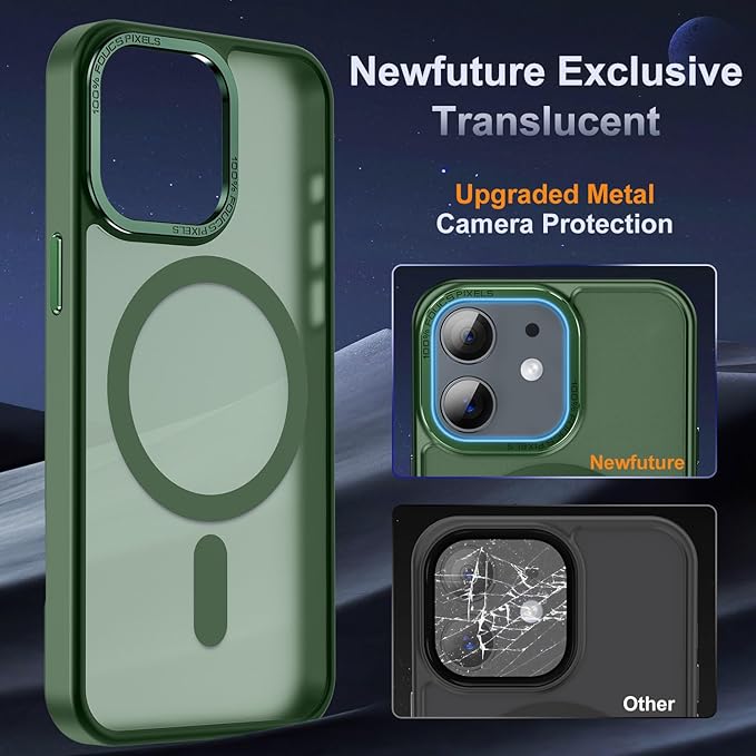 Newfuture Designed for iPhone 12 Case/iPhone 12 Pro Case with Magnetic [13 FT Military Drop Protection] [Compatible with Magsafe] Translucent Shockproof with Anti-Fingerprint Phone Case, Dark Green