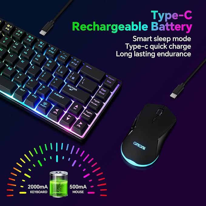CHONCHOW 60% Wireless Gaming Keyboard and Mouse Combo, RGB Backlit Rechargeable LED Light Up Keyboards,Wireless Gaming Mouse and Keyboard for Xbox PS4 PS5 PC Laptop -Black