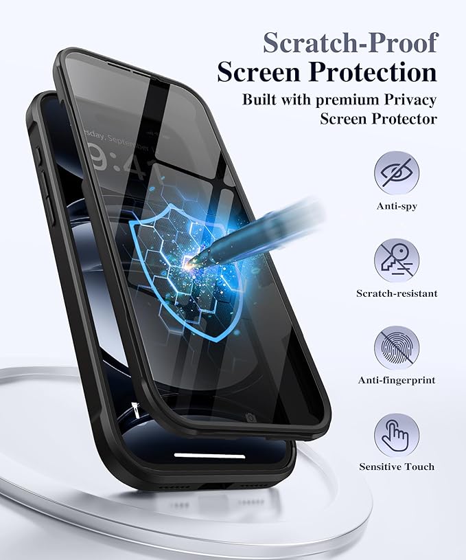 BERFY for iPhone 17 Pro Case, Compatible with MagSafe, Built in Privacy Screen Protector, Shockproof Full Body Phone Case for 17 Pro with Magnetic Stand, Clear Black