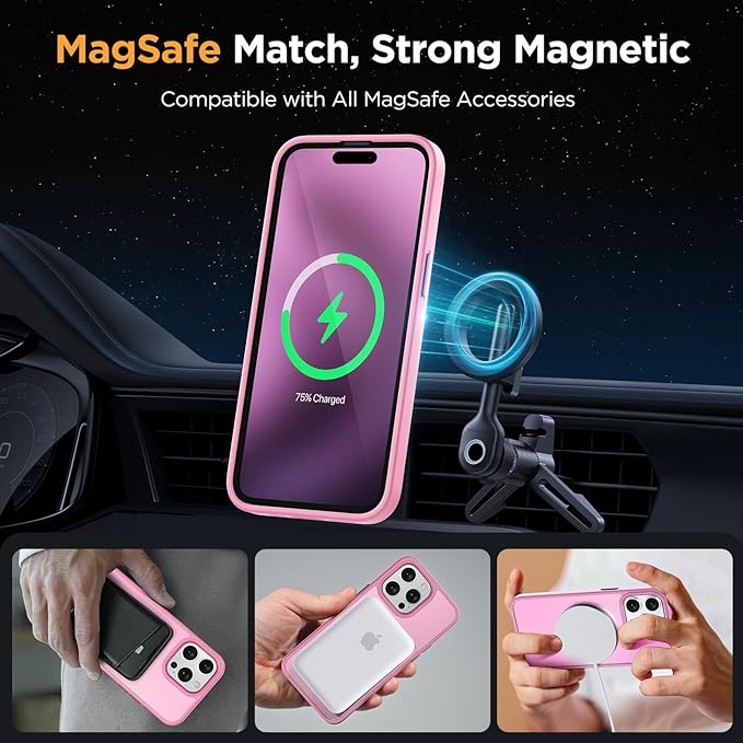 Miracase Magnetic for iPhone 15 Pro Case 6.1 inch (Compatible with MagSafe)（with 2X Screen Protectors）Military-Grade Protection, Anti-Fingerprint Translucent Matte Phone Cover, Mes Pink