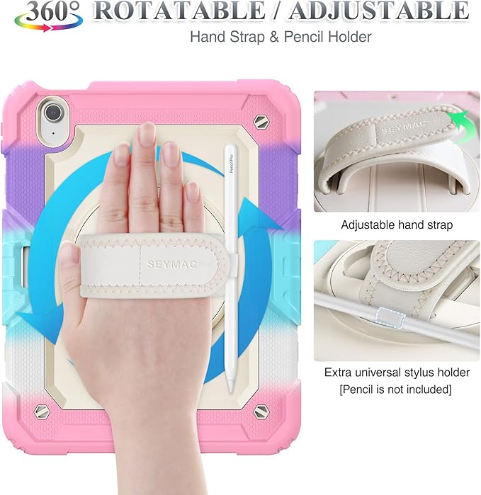SEYMAC stock Case for iPad Air 11-inch M4-M2 2026-2024 (Gen 8-6), Shockproof Heavy Duty Case with Screen Protector, Pencil Holder, Rotating Stand, Hand Strap, Shoulder Strap, Pink