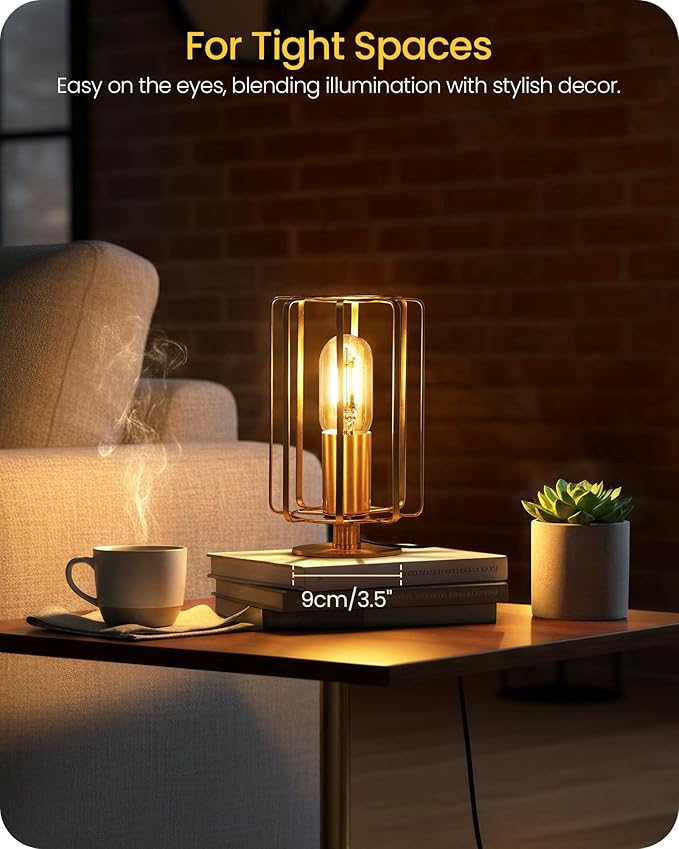 Industrial Table Lamp, 8.5" Small Brass Table Lamp with Dimmable 2400K Warm Light LED Bulb, Vintage Brass Desk Lamp, Gold Bedside Lamp for Bedroom, Study, Office, Small Space, D05TL05