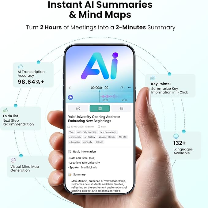 AI Voice Recorder, Note Taking Device, Transcribe & Summarize, Voice Recorder With Display, App Control, Supports 132+ Languages, 100H, 64GB, Magnetic Audio Recorder for Lectures Meetings Calls, Black