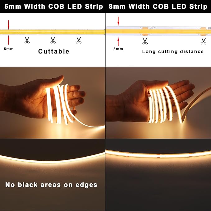 TOPAI 12V Thin 5mm COB LED Strip Light 3000K Warm White 16.4ft Bright 4000Lm CRI>90 Uniform Dotless 400LEDs/M Adhesive Flexible Cuttable LED Tape for DIY, Bedroom, Under Cabinet Lighting
