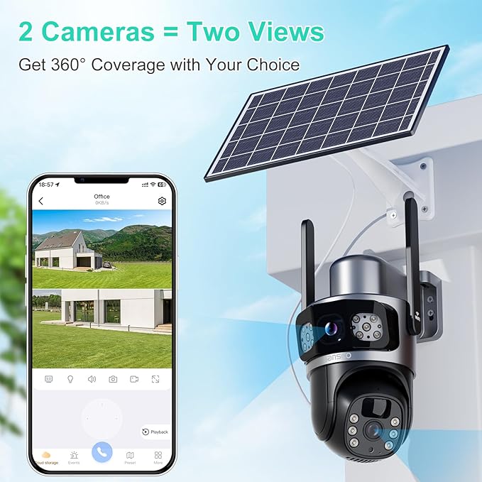 SANSCO 2K Dual Lens Solar Security Camera Wireless Outdoor, 2.4G & 5G WiFi, 360° PTZ Home Security Camera, 100% Wired Free, Spotlight Color Night Vision, 2-Way Audio, PIR Motion Detection (4 Pack)