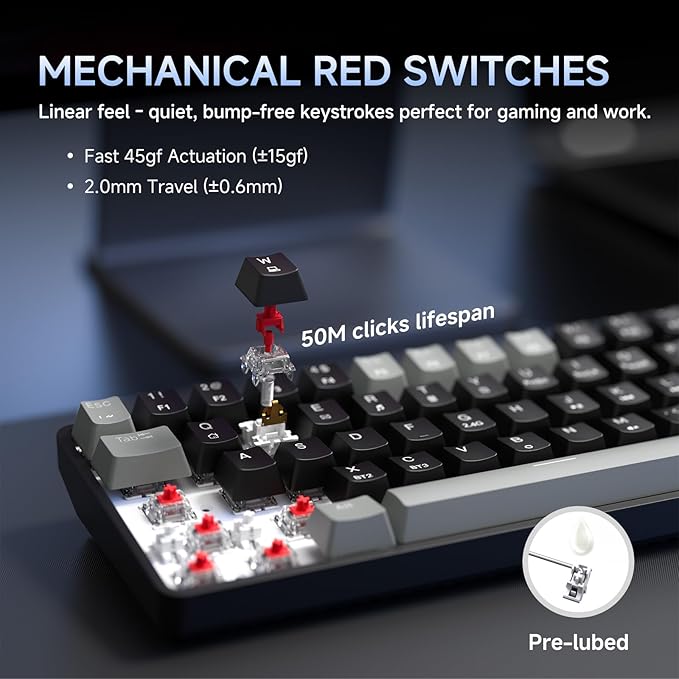 DIERYA DK68 60% Wireless Mechanical Gaming Keyboard, 3 Modes Bluetooth/2.4GHz/USB-C with Red Linear Switch, RGB Backlit, Anti-Ghosting, 68-Key Compact mini keyboard for Windows/macOS/Linux- Grey/Black