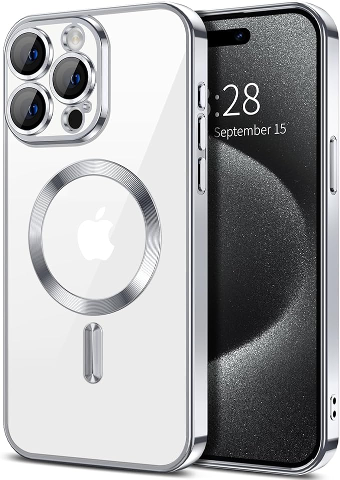 Hython Magnetic Clear for iPhone 15 Pro Case with Camera Lens Protector [Compatible with MagSafe] Luxury Plating Edge Slim Soft TPU Cover Protective Phone Case for iPhone 15 Pro 6.1", Silver