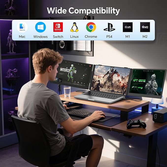 Laptop Screen Extender, 14" FHD 1080P Ultra-Thin Triple Portable Monitor, USB-C/USB-A Connection, Plug & Play, Travel Monitor for Mac/Windows/Chrome, Fits 13-17.3" Laptops