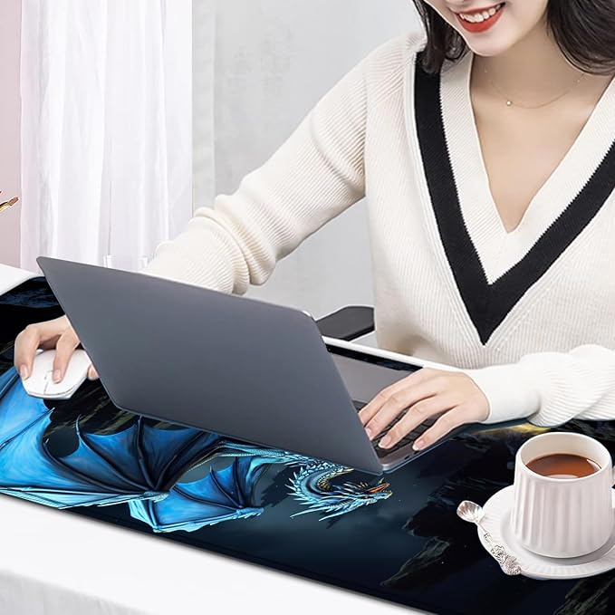 Large Mouse Pad, 31.5 x 11.8in Extended Gaming Mouse Pad with Stitched Edges, XXL Mousepad Protector Non Slip Rubber Base for Office and Home Writing Mat, Blue Flying Dragon Pattern Black Desk Mat