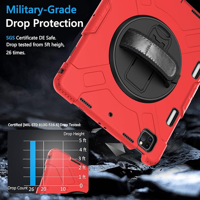 Miesherk Case for iPad Pro 12.9 Inch 6th/5th/4th Generation, Military Grade Heavy Duty Shockproof iPad Pro 12.9 Case - Rotating Stand, Pencil Holder, Hand/Shoulder Strap, Black+Red