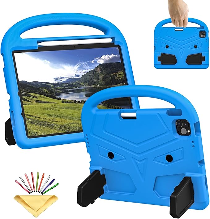 Kids Case for Apple iPad Air 11-inch M3 (2025) / M2 (2024) with Pencil Holder/Handle/Kickstand Lightweight Soft EVA Foam Shockproof Stand Tablet Cover for iPad Air 11" M3/M2, Blue Bird