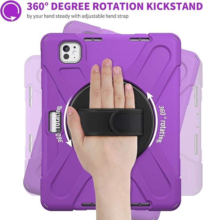 Batianda Case for iPad Pro 13-inch 2025 M5 2024 M4 Chip Heavy Duty Rugged Durability Silicone Tablet Cover with 360° Rotating Hand Strap Foldable Hidden Stand & Shoulder Strap, Purple