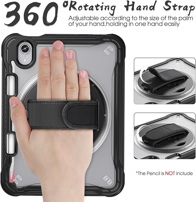BRAECNstock Case for iPad mini 7 (A17 pro) 2024 & Mini 6 2021 8.3-inch,Shockproof Protective Cover with Pencil Holder,Screen Protector,360° Rotating Hand Strap/Stand-Black