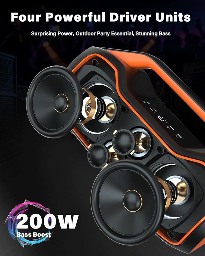 Portable Bluetooth Speaker Bass Boost, 120W Peak Loud Powerful Speakers Wireless w/2*Bass and 2*tweeters, 20H Playtime,IPX6 Waterproof, BT5.4, Suitable for Party, Beach, Camping,Outdoor,Large Jobsite,
