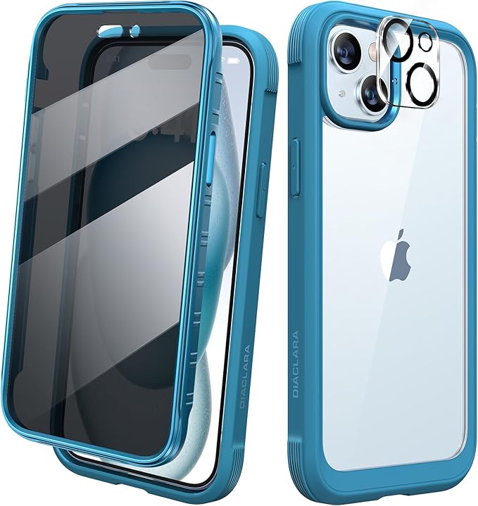 Diaclara Designed for iPhone 15 Case, Full Body Rugged Case with Privacy Built-in Touch Sensitive Anti-Scratch Screen Protector, with Camera Lens Protector for iPhone 15 6.1", Blue