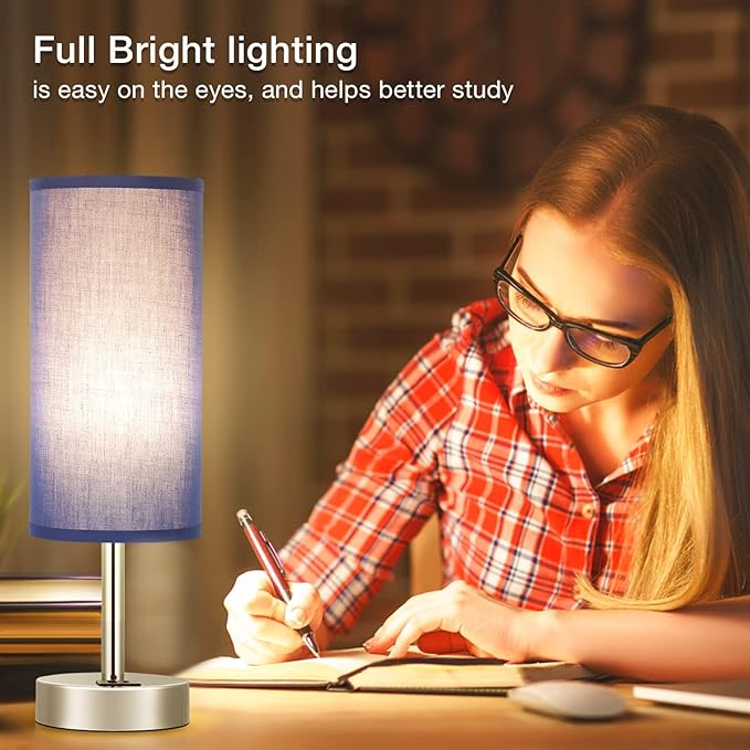Dicoool Navy Blue Touch Lamp for Boys - Small Nightstand Lamp with USB-C and USB Charging Ports, 3 Way Dimmable Bedside Table Lamp with Fabric Shade Silver Base for Nursery, Dorm, Office, Reading