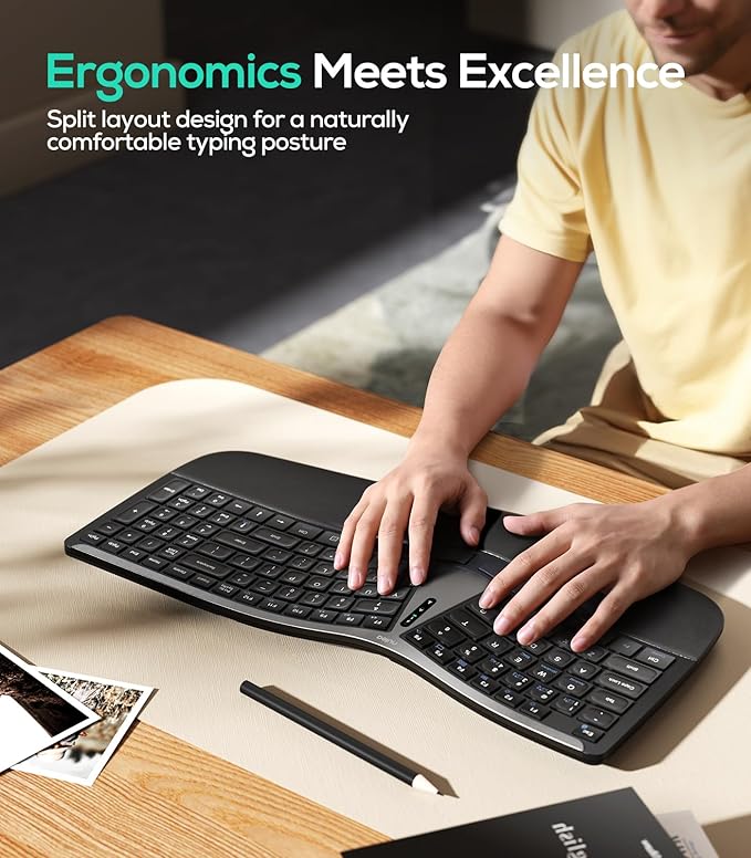 Nulea RT07B Wireless Ergonomic Split Keyboard, Wrist Rest, Natural Typing, Bluetooth and USB Connectivity, USB-C Rechargeable,Compatible with Windows Mac (Silver Black)