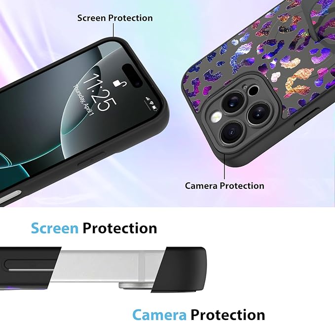 KANGHAR Compatible with iPhone 16 Pro Case, Support for MagSafe, Silicone Cute Iridescent Leopard Cheetah Pattern, Wristband Kickstand Shockproof Protective Slim Cover for Women Girls, Black