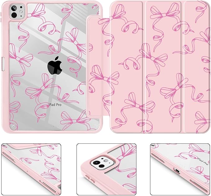 May Chen for iPad Pro 13 Inch Case M5 2025 / M4 2024, Built Pencil Holder & Clear Transparent Print Back Shell Slim Stand Shockproof Tablet Cover, Auto Wake/Sleep, Pink Bows P565